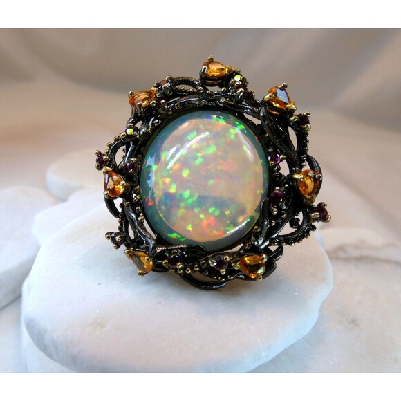 HUGE 17CT Ethiopian Welo Opal Citrine Sterling Silver Ring SZ 8 OOAK Statement - Picture 11 of 11